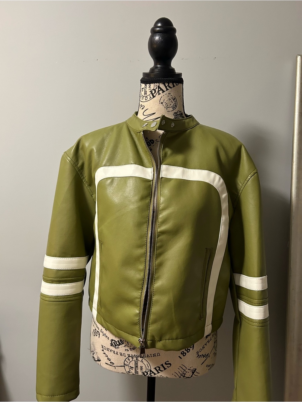 Ci Sono Olive Green Leather Bomber Jacket with White Stripes